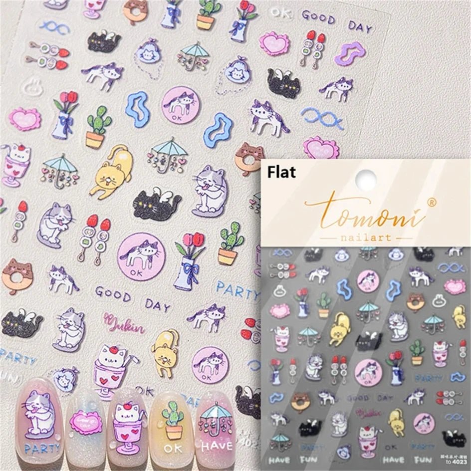 White Halo Dyeing Cat Face Cup Black Orange Toy Umbrella Love Heart Kitty Cake Embossed Relief Nail Art Stickers Manicure Decals - Paola Center