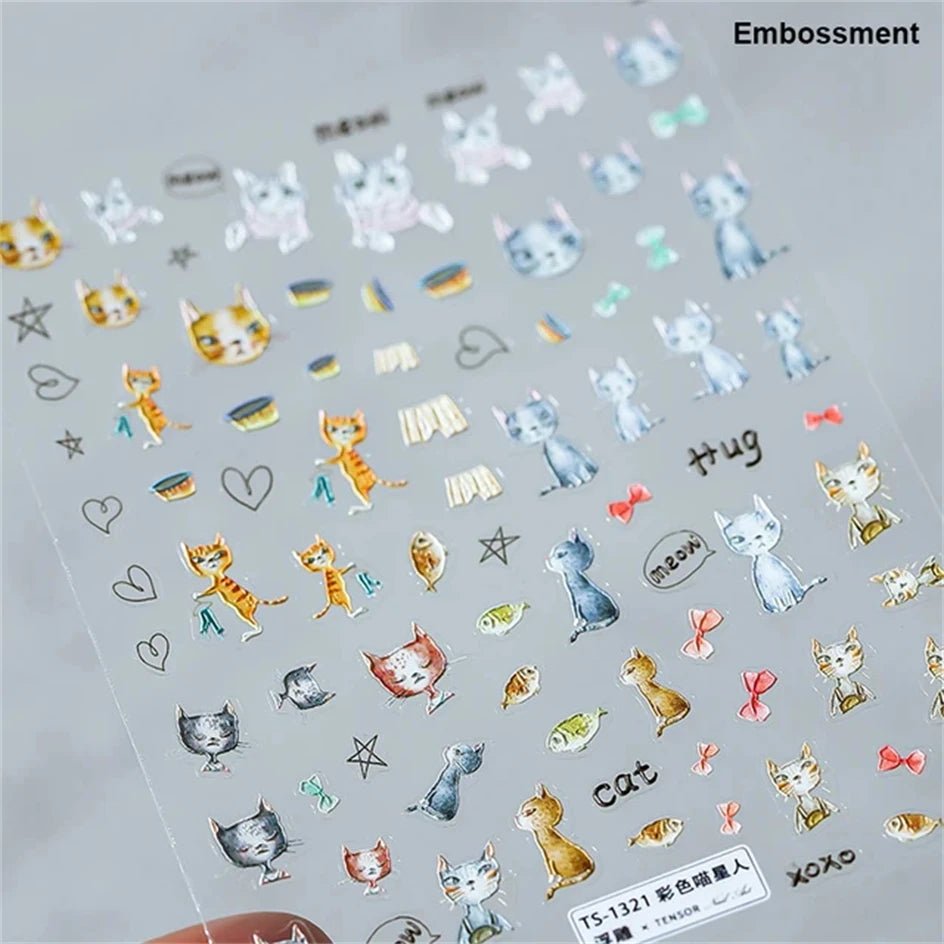 White Halo Dyeing Cat Face Cup Black Orange Toy Umbrella Love Heart Kitty Cake Embossed Relief Nail Art Stickers Manicure Decals - Paola Center