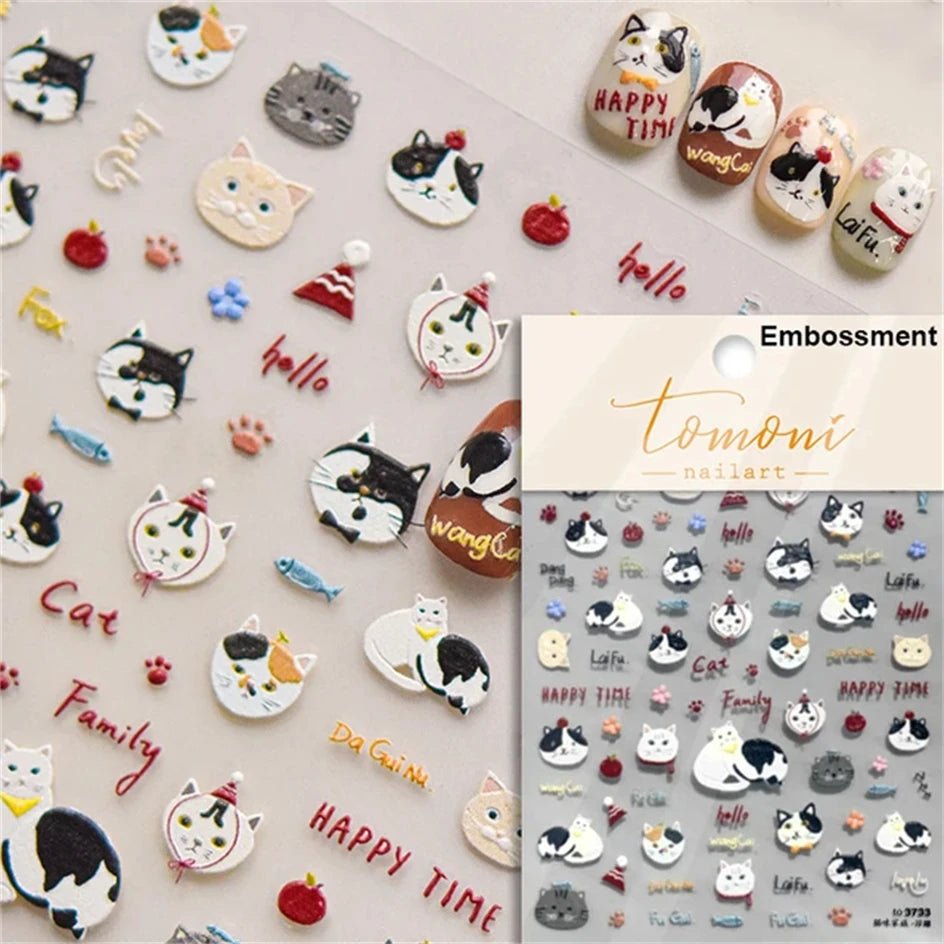 White Halo Dyeing Cat Face Cup Black Orange Toy Umbrella Love Heart Kitty Cake Embossed Relief Nail Art Stickers Manicure Decals - Paola Center