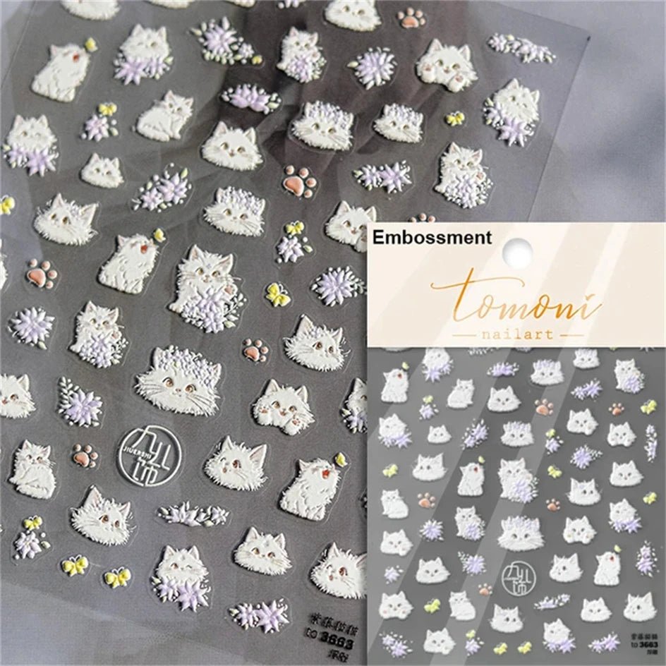 White Halo Dyeing Cat Face Cup Black Orange Toy Umbrella Love Heart Kitty Cake Embossed Relief Nail Art Stickers Manicure Decals - Paola Center