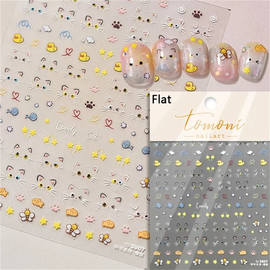 White Halo Dyeing Cat Face Cup Black Orange Toy Umbrella Love Heart Kitty Cake Embossed Relief Nail Art Stickers Manicure Decals - Paola Center