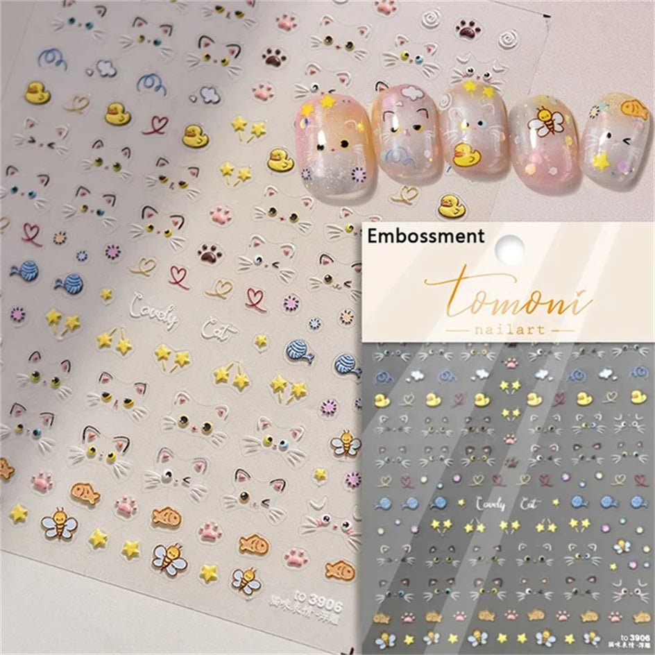 White Halo Dyeing Cat Face Cup Black Orange Toy Umbrella Love Heart Kitty Cake Embossed Relief Nail Art Stickers Manicure Decals - Paola Center