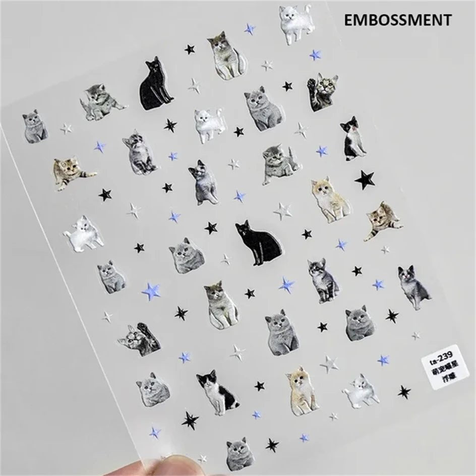 White Halo Dyeing Cat Face Cup Black Orange Toy Umbrella Love Heart Kitty Cake Embossed Relief Nail Art Stickers Manicure Decals - Paola Center