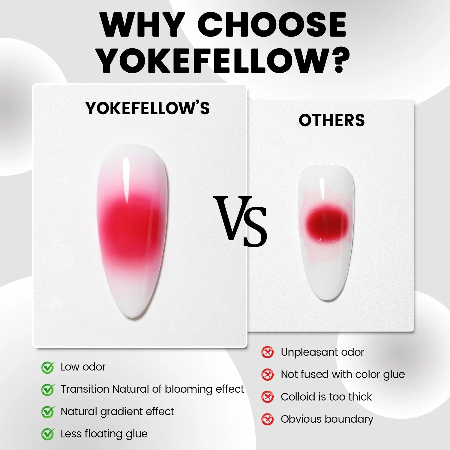 Comparison of Yokefellow nail products highlighting low odor and natural gradient for luxury nails and Hailey Bieber nails