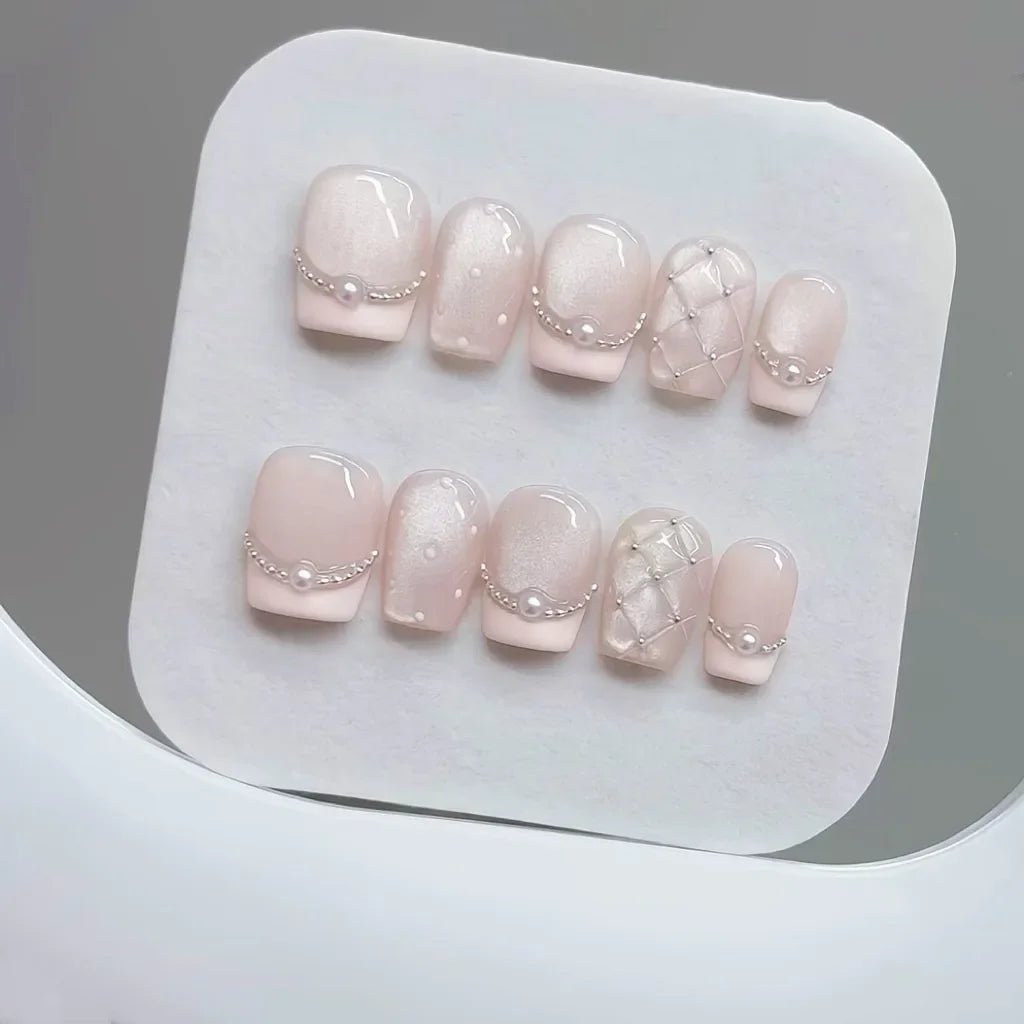 10pcs Handmade Press on Nails Plaid Pearl French Cat's Eye Aurora Fishtail Full Coverage Nail Tip for Women&Girl Removable Nail - Paola Center