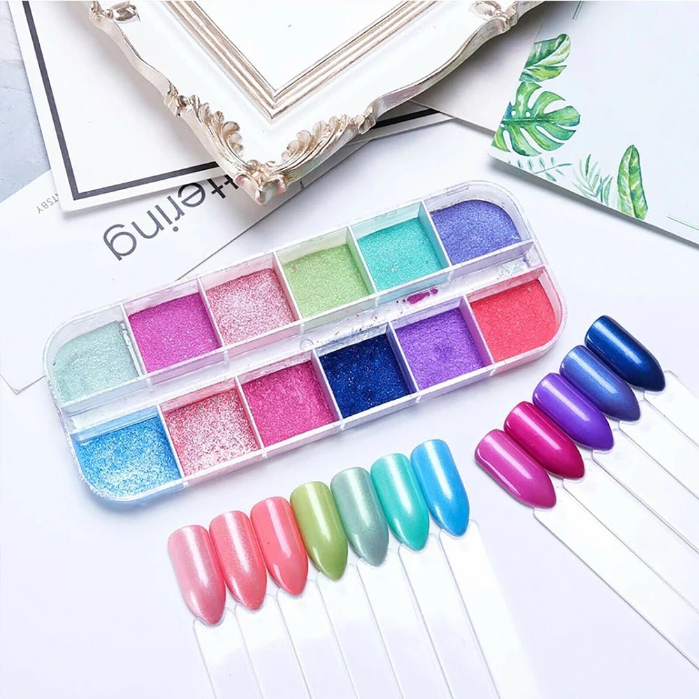 12 Grid Aurora Mermaid Unicorn Pearl Shimmer Mirror AB Chrome Effect Nail Powder - Paola Center