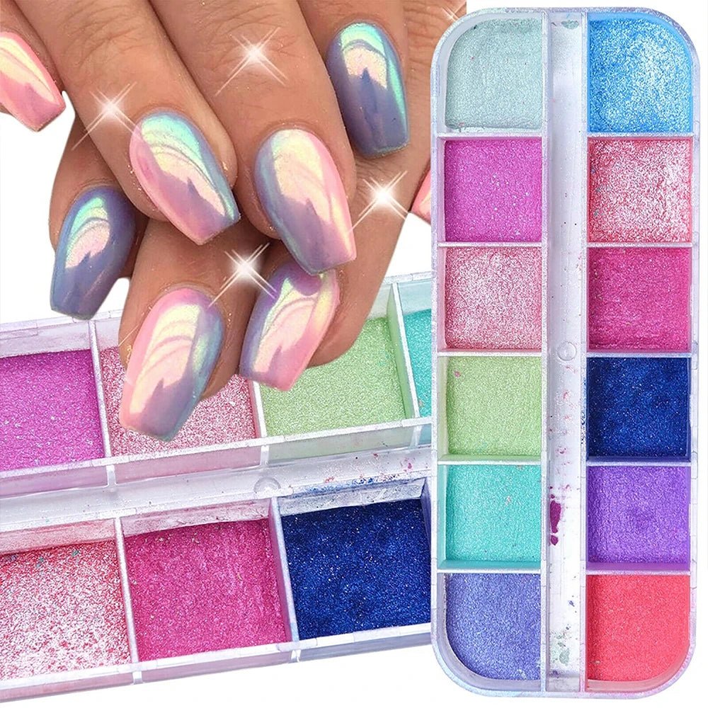 12 Grid Aurora Mermaid Unicorn Pearl Shimmer Mirror AB Chrome Effect Nail Powder - Paola Center