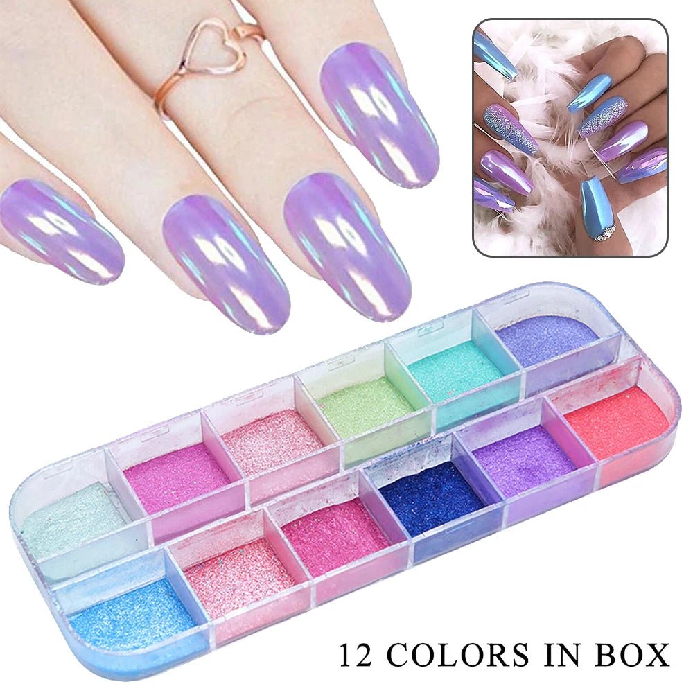 12 Grid Aurora Mermaid Unicorn Pearl Shimmer Mirror AB Chrome Effect Nail Powder - Paola Center