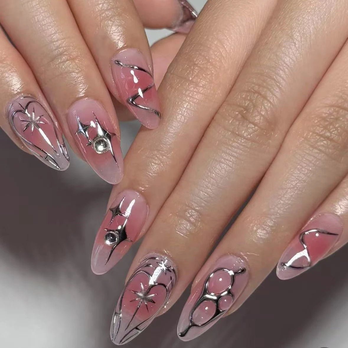 24Pcs False Nails Spicy Girl Silver Bow with Diamond Fake Nails with Glue Almond Press on Nails Black Cool Y2k Almond Nail Set - Paola Center