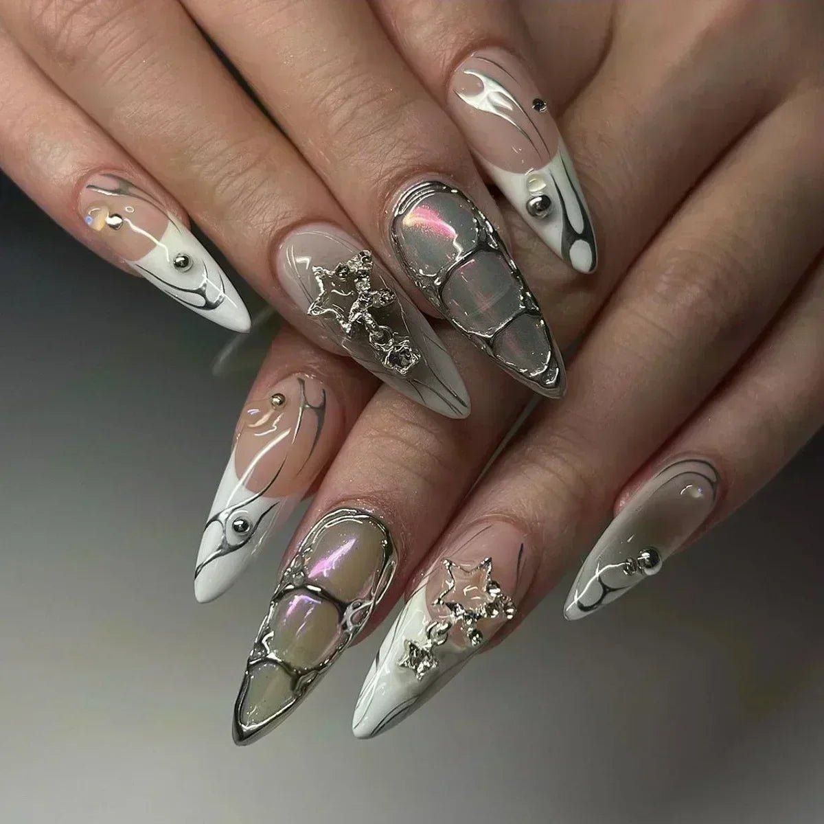 24Pcs False Nails Spicy Girl Silver Bow with Diamond Fake Nails with Glue Almond Press on Nails Black Cool Y2k Almond Nail Set - Paola Center