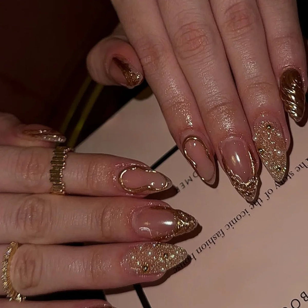 24Pcs False Nails Spicy Girl Silver Bow with Diamond Fake Nails with Glue Almond Press on Nails Black Cool Y2k Almond Nail Set - Paola Center