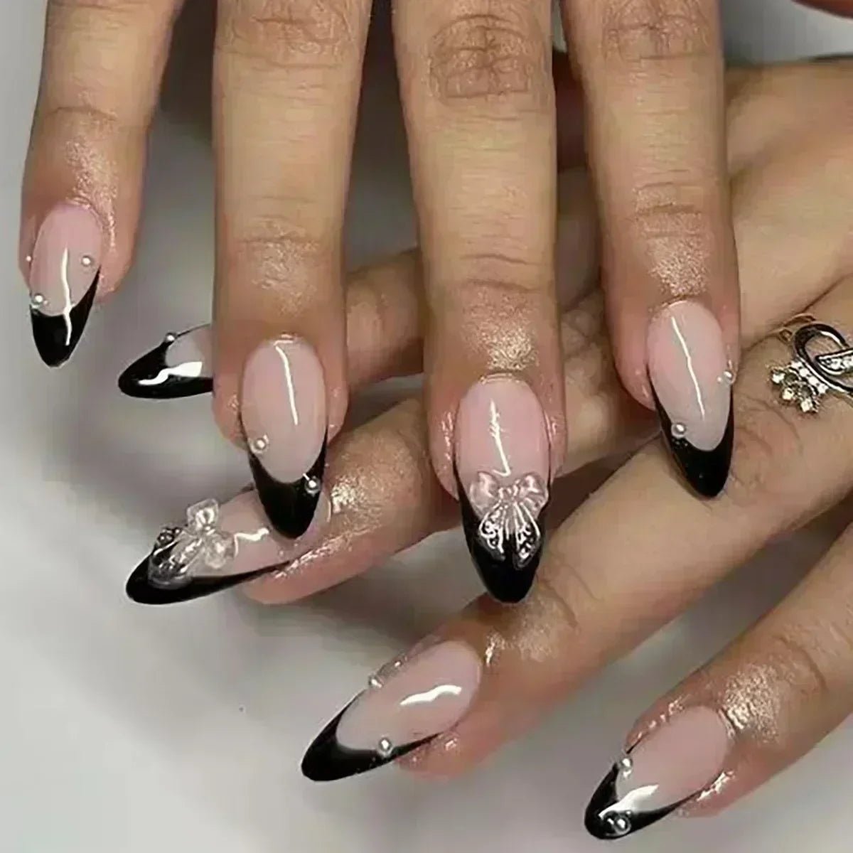 24Pcs False Nails Spicy Girl Silver Bow with Diamond Fake Nails with Glue Almond Press on Nails Black Cool Y2k Almond Nail Set - Paola Center