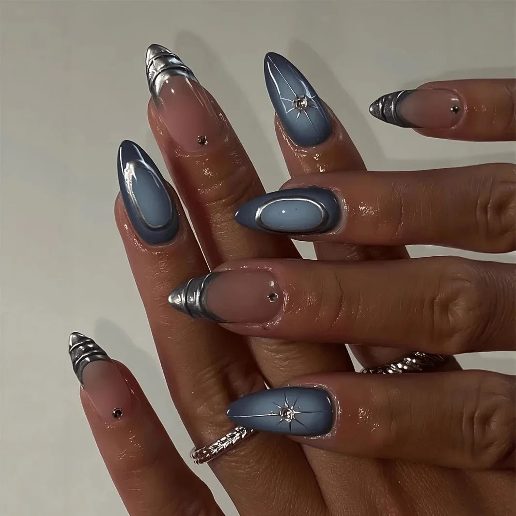 24Pcs False Nails Spicy Girl Silver Bow with Diamond Fake Nails with Glue Almond Press on Nails Black Cool Y2k Almond Nail Set - Paola Center