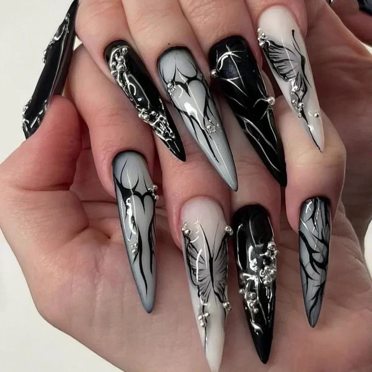 24Pcs False Nails Spicy Girl Silver Bow with Diamond Fake Nails with Glue Almond Press on Nails Black Cool Y2k Almond Nail Set - Paola Center