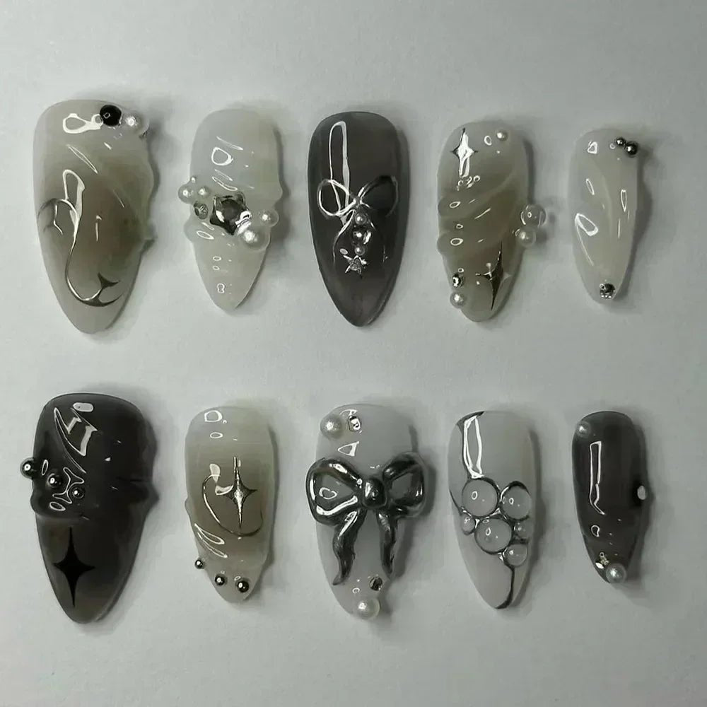 24Pcs False Nails Spicy Girl Silver Bow with Diamond Fake Nails with Glue Almond Press on Nails Black Cool Y2k Almond Nail Set - Paola Center