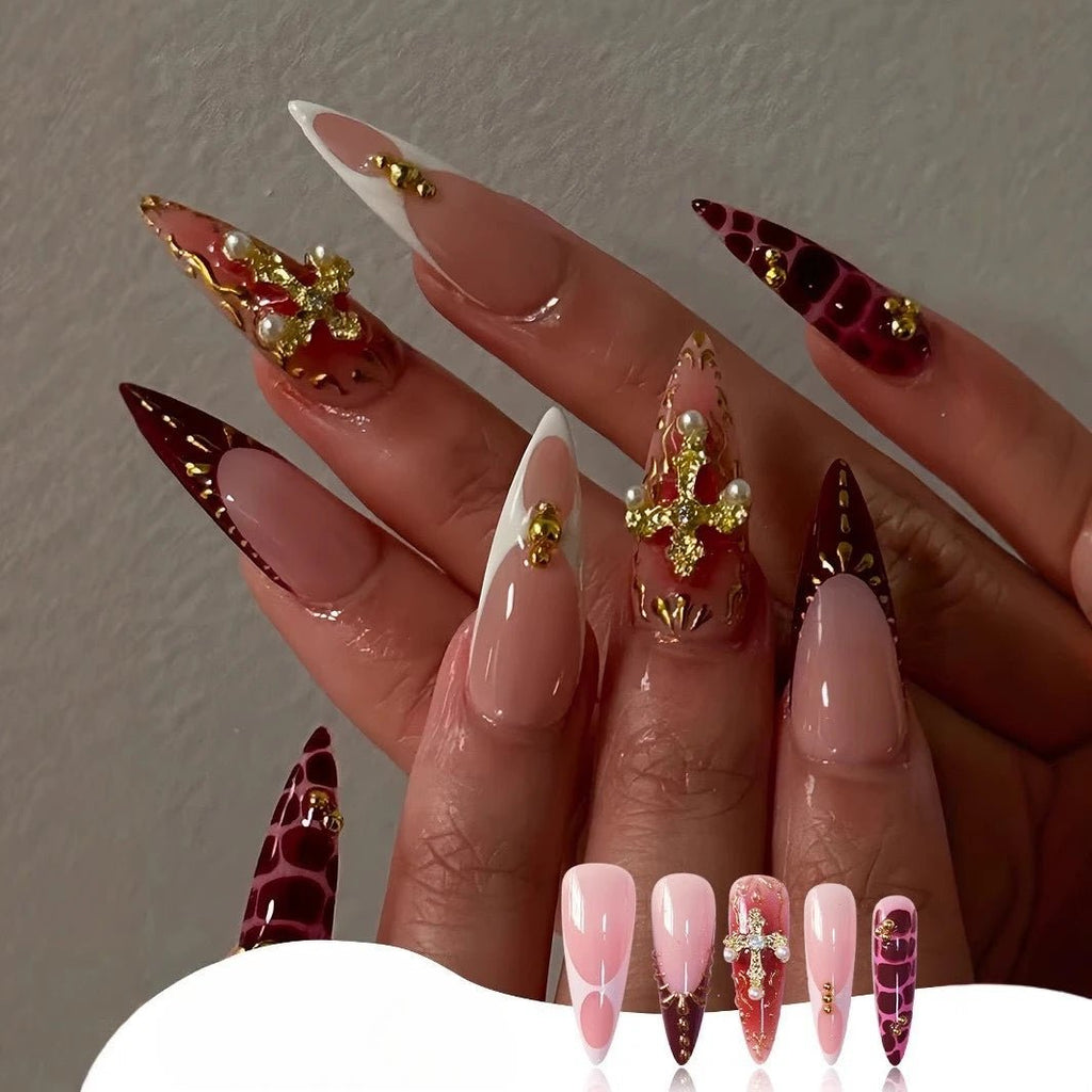 24Pcs False Nails Spicy Girl Silver Bow with Diamond Fake Nails with Glue Almond Press on Nails Black Cool Y2k Almond Nail Set - Paola Center