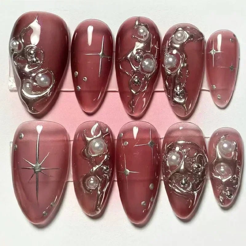 24Pcs False Nails Spicy Girl Silver Bow with Diamond Fake Nails with Glue Almond Press on Nails Black Cool Y2k Almond Nail Set - Paola Center