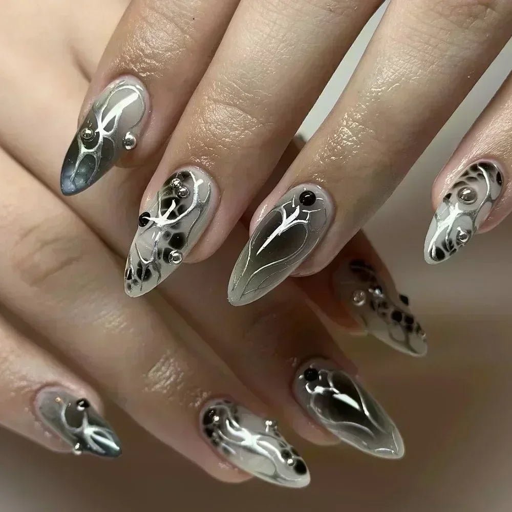 24Pcs False Nails Spicy Girl Silver Bow with Diamond Fake Nails with Glue Almond Press on Nails Black Cool Y2k Almond Nail Set - Paola Center