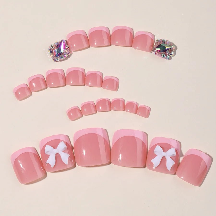 24pcs French Pink False Toenails White Bow Design Summer Press On Nail for Feet Wearable Square Fake Nails Patch Manicure Set - Paola Center