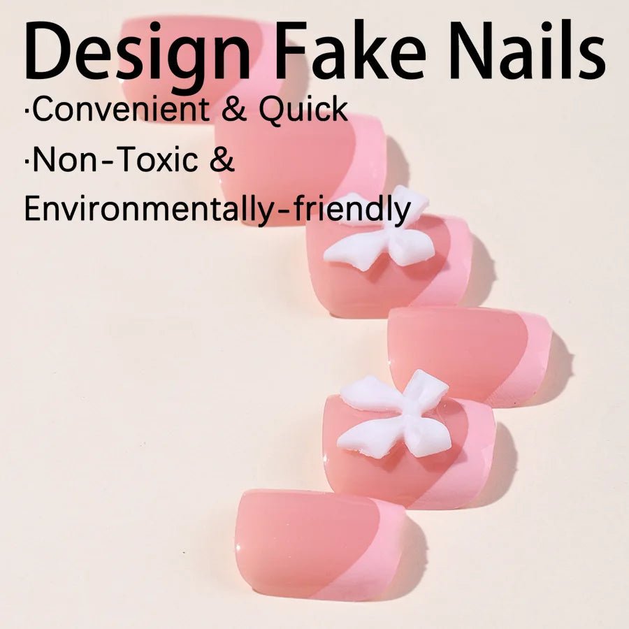 24pcs French Pink False Toenails White Bow Design Summer Press On Nail for Feet Wearable Square Fake Nails Patch Manicure Set - Paola Center