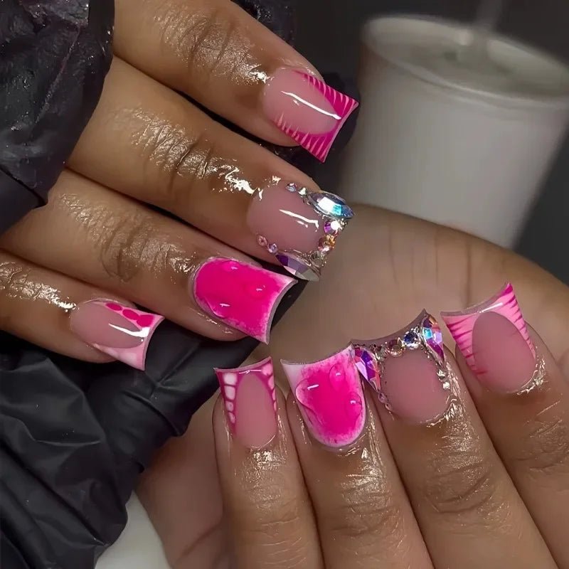 24pcs Short Duckbill False Nails Wearable Blue French Fake Nails Star Flash Rhinestones Decor Gradient Y2k Nails Press on Nail - Paola Center