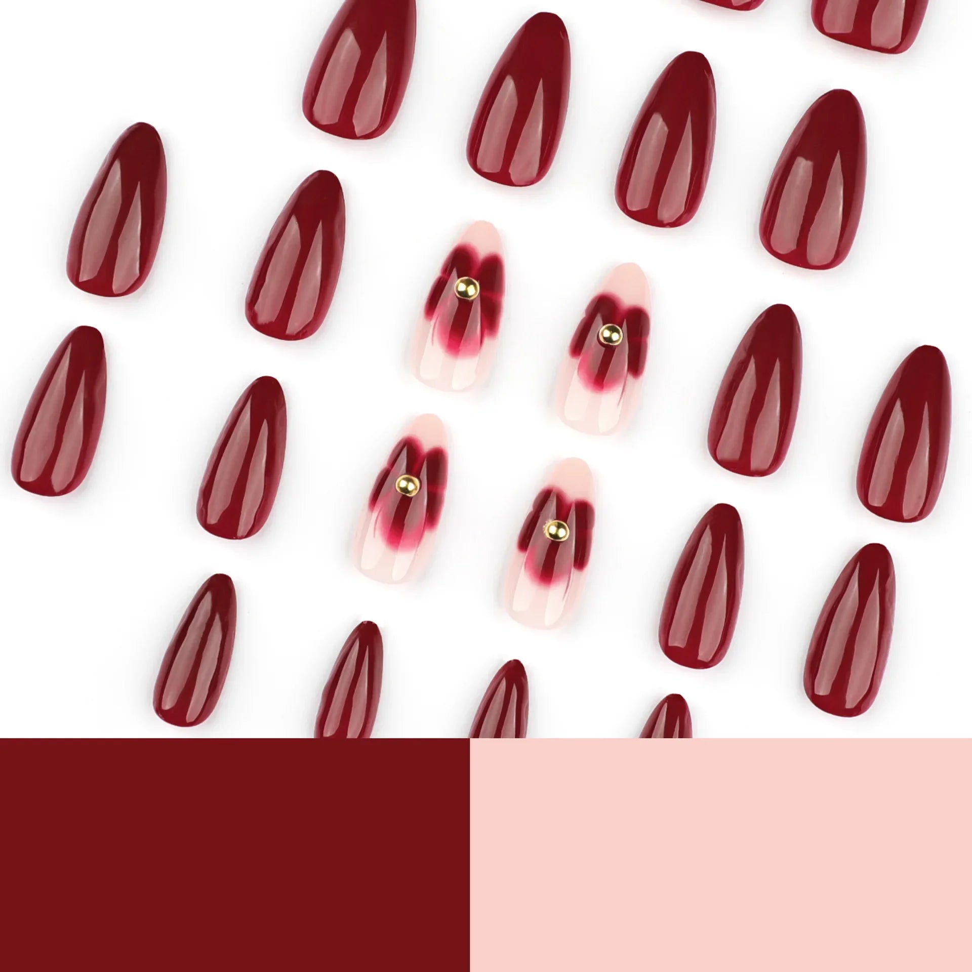24PCS Women's Nail Set Almond Shaped Medium Long Solid Color Flower Gold Powder Design for Women/girls' Nails - Paola Center