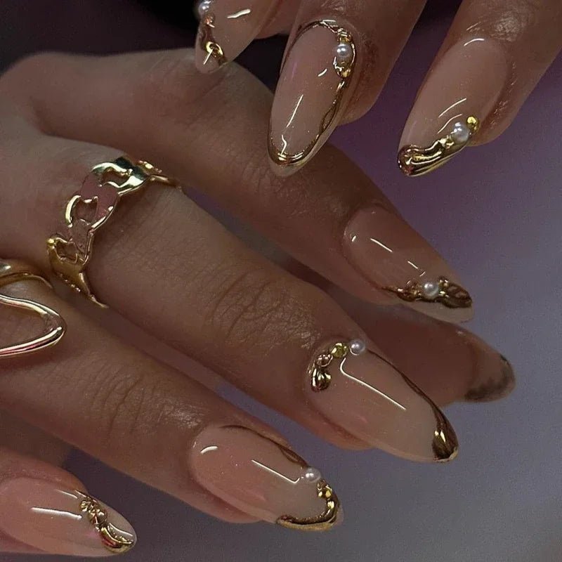 24PCS Women's Nail Set Almond Shaped Medium Long Solid Color Flower Gold Powder Design for Women/girls' Nails - Paola Center