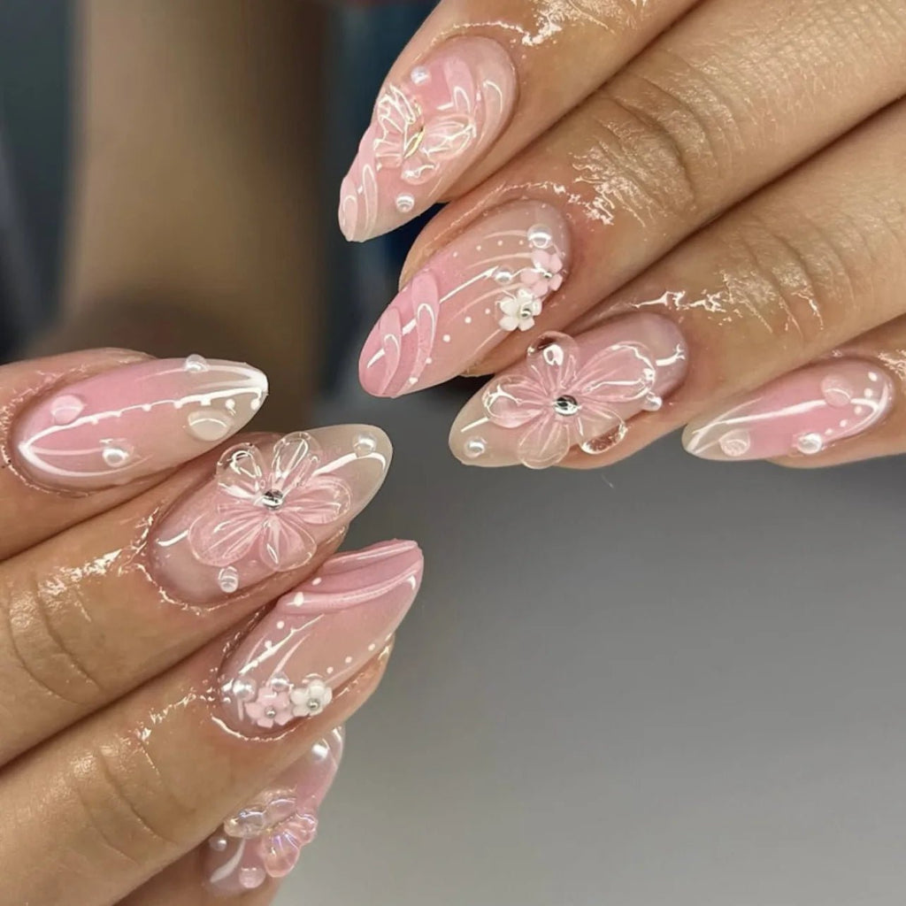 24PCS Women's Nail Set Almond Shaped Medium Long Solid Color Flower Gold Powder Design for Women/girls' Nails - Paola Center