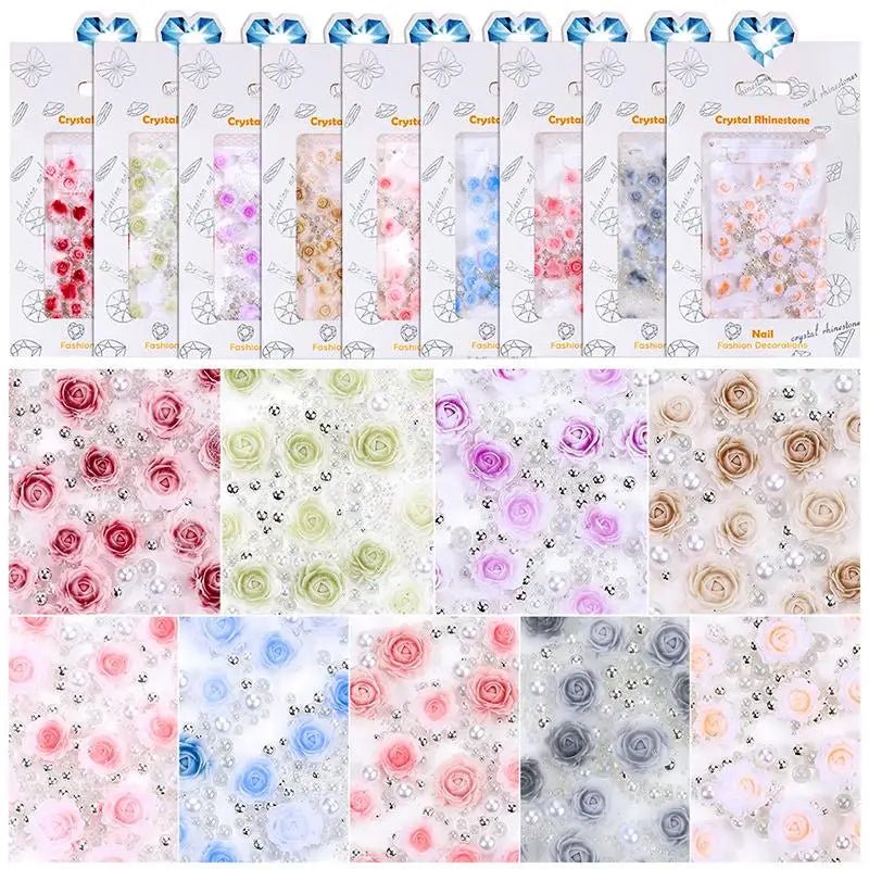 30pcs Flower Nail Charms Pink 3D Roses Flower Charms for Nail Decoration White Pearl Beads for Manicure DIY Nail Art Rhinestones - Paola Center