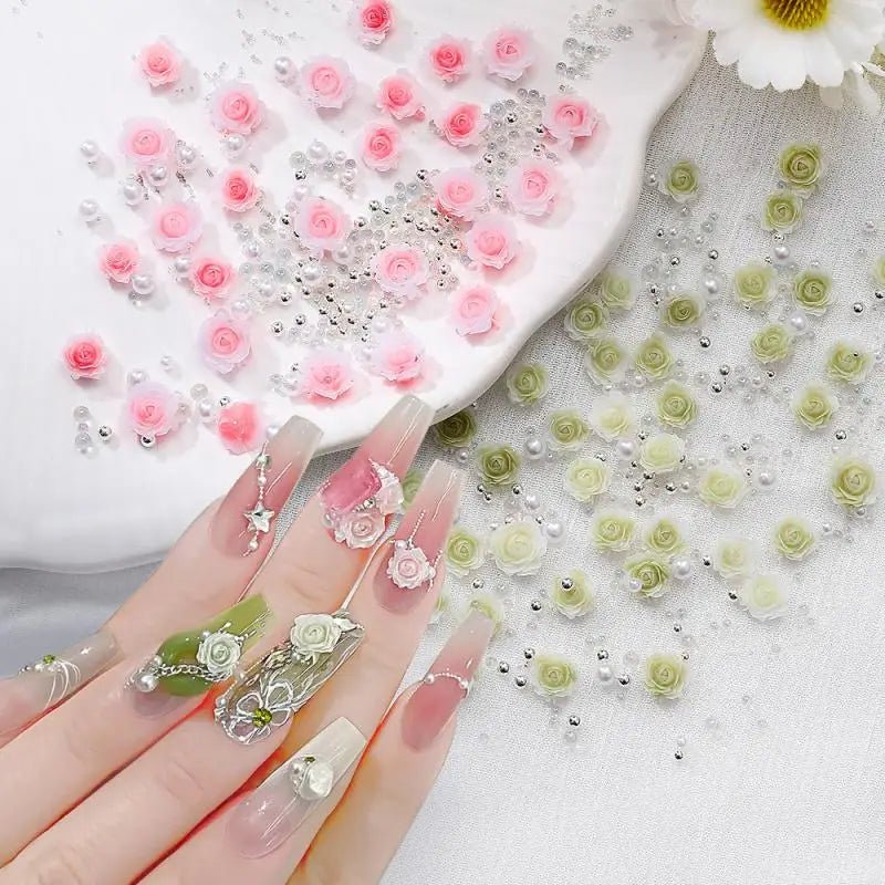 30pcs Flower Nail Charms Pink 3D Roses Flower Charms for Nail Decoration White Pearl Beads for Manicure DIY Nail Art Rhinestones - Paola Center
