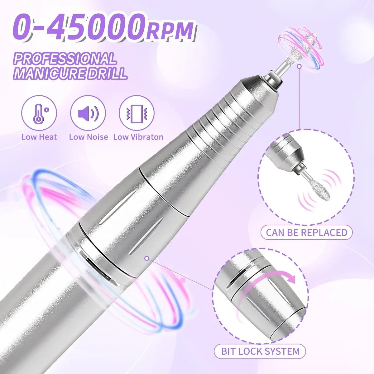45000RPM Nail Drill Machine With Low Noise Portable Nail Drill Machine Rechargeable Nail Sander File For Manicure Salon Tool - Paola Center