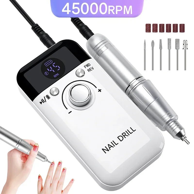 45000RPM Nail Drill Machine With Low Noise Portable Nail Drill Machine Rechargeable Nail Sander File For Manicure Salon Tool - Paola Center