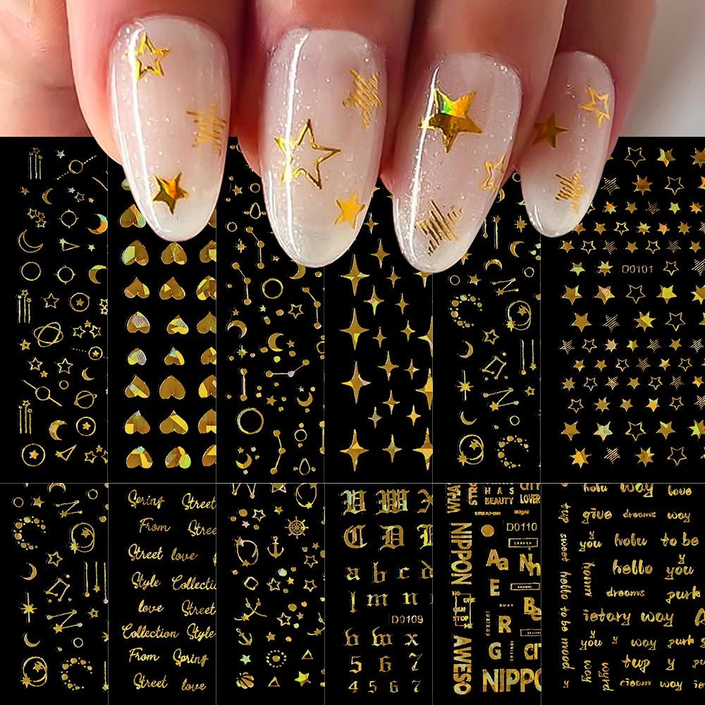 6pcs/set High Gloss Reflective Nail Sticker Gold Silver Aurora Wave Lines 3D Self - Adhesive Nail Art Decal Design Manicure Tool - Paola Center