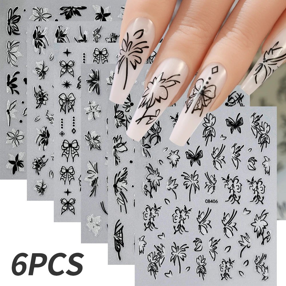 6pcs/set High Gloss Reflective Nail Sticker Gold Silver Aurora Wave Lines 3D Self - Adhesive Nail Art Decal Design Manicure Tool - Paola Center