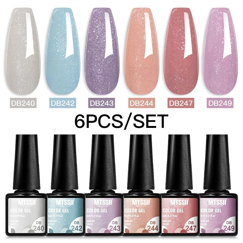 6Pcs/Set Purple Glitter Bright Gel Nail Polish Set Semi Permanent Spring Summer Colors Series Soak Off UV Nail Art Gel Varnish - Paola Center