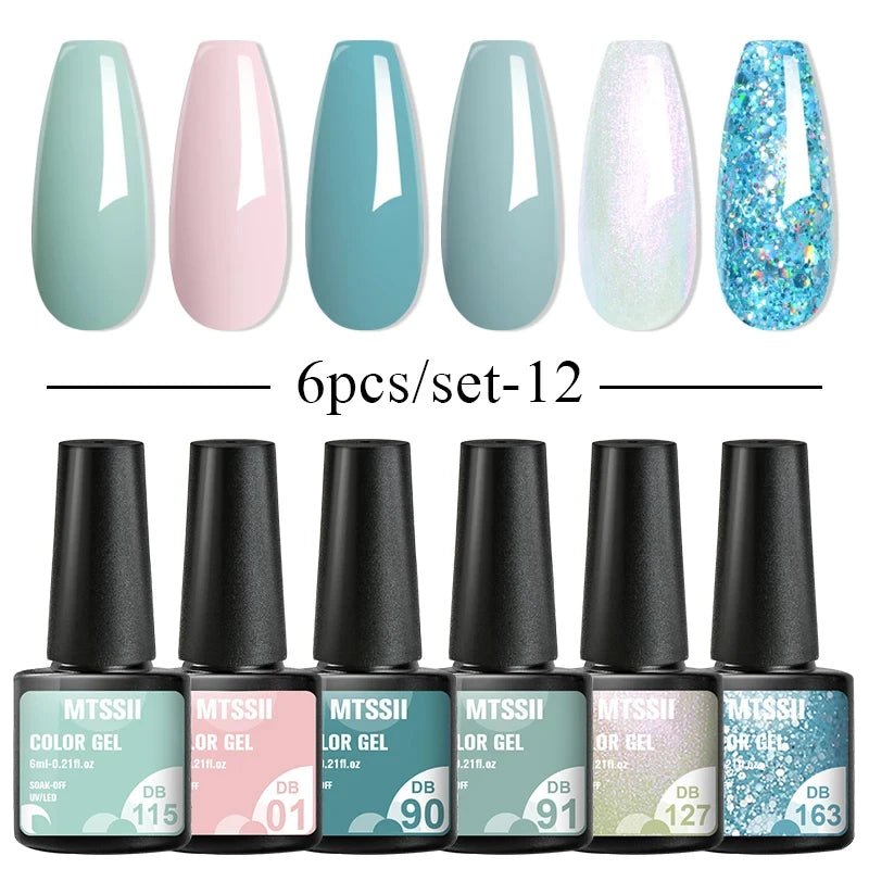 6Pcs/Set Purple Glitter Bright Gel Nail Polish Set Semi Permanent Spring Summer Colors Series Soak Off UV Nail Art Gel Varnish - Paola Center