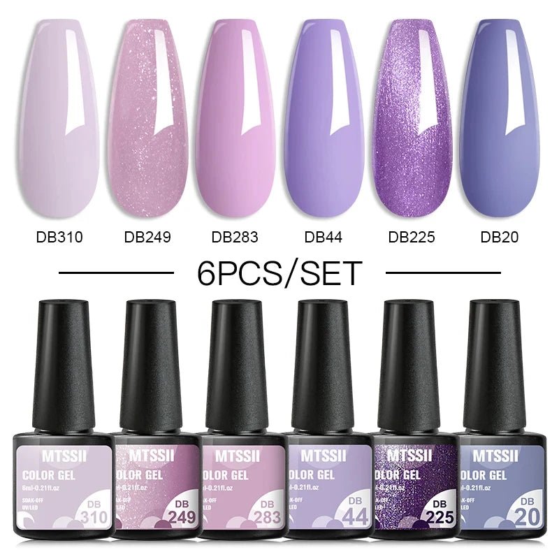 6Pcs/Set Purple Glitter Bright Gel Nail Polish Set Semi Permanent Spring Summer Colors Series Soak Off UV Nail Art Gel Varnish - Paola Center