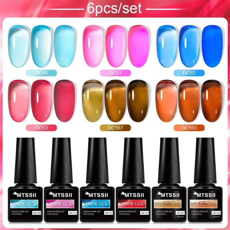 6Pcs/Set Purple Glitter Bright Gel Nail Polish Set Semi Permanent Spring Summer Colors Series Soak Off UV Nail Art Gel Varnish - Paola Center