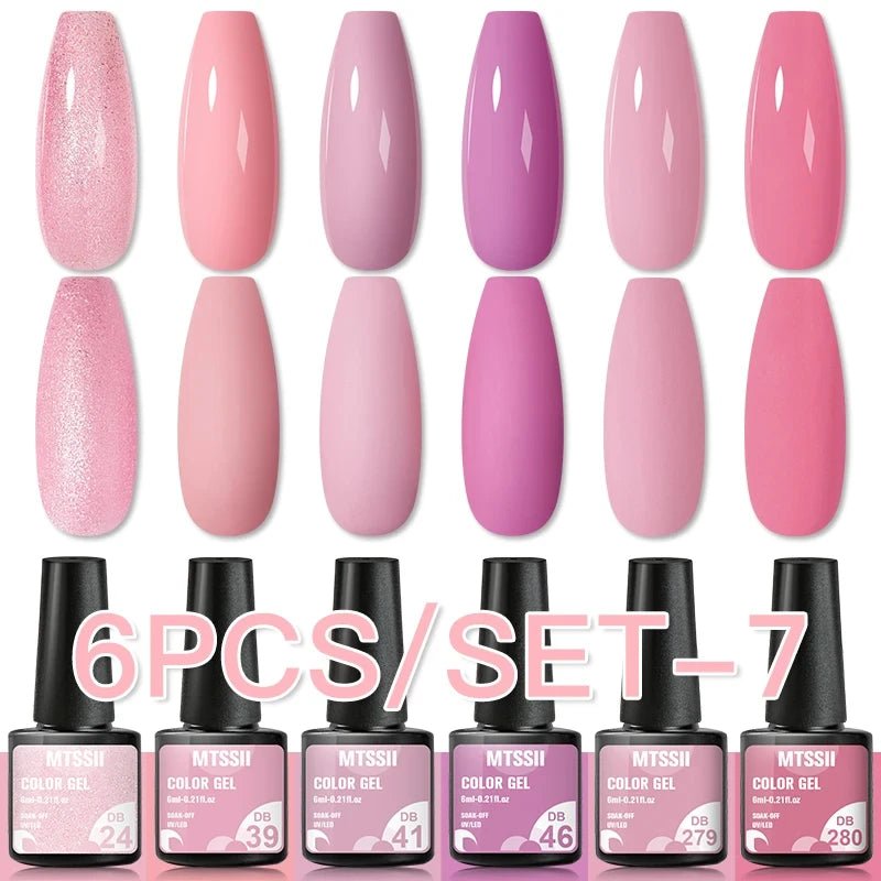 6Pcs/Set Purple Glitter Bright Gel Nail Polish Set Semi Permanent Spring Summer Colors Series Soak Off UV Nail Art Gel Varnish - Paola Center