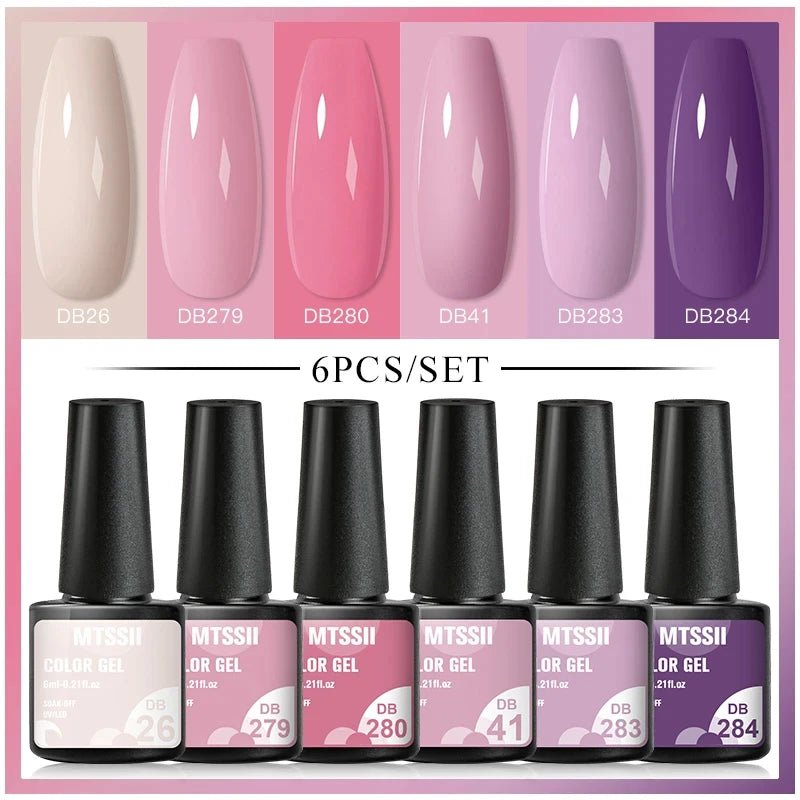 6Pcs/Set Purple Glitter Bright Gel Nail Polish Set Semi Permanent Spring Summer Colors Series Soak Off UV Nail Art Gel Varnish - Paola Center