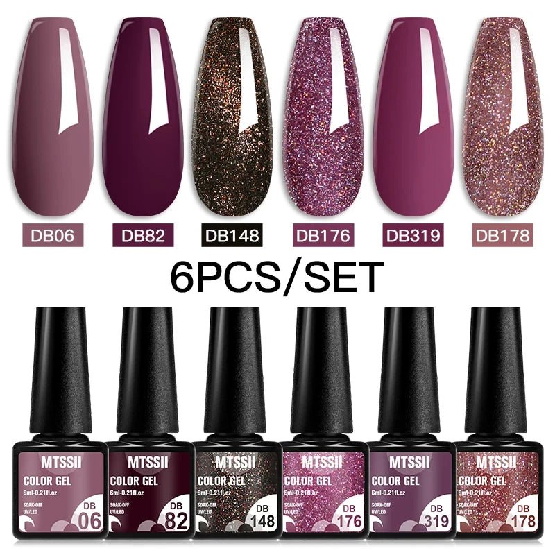 6Pcs/Set Purple Glitter Bright Gel Nail Polish Set Semi Permanent Spring Summer Colors Series Soak Off UV Nail Art Gel Varnish - Paola Center