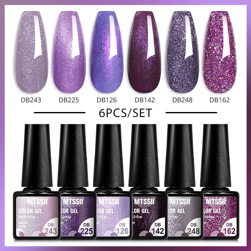 6Pcs/Set Purple Glitter Bright Gel Nail Polish Set Semi Permanent Spring Summer Colors Series Soak Off UV Nail Art Gel Varnish - Paola Center