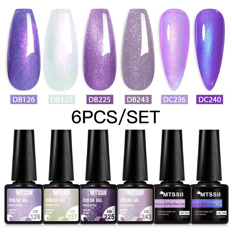 6Pcs/Set Purple Glitter Bright Gel Nail Polish Set Semi Permanent Spring Summer Colors Series Soak Off UV Nail Art Gel Varnish - Paola Center