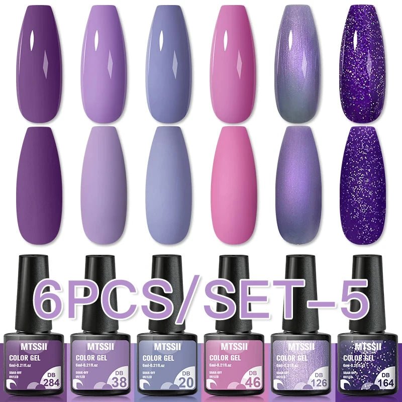 6Pcs/Set Purple Glitter Bright Gel Nail Polish Set Semi Permanent Spring Summer Colors Series Soak Off UV Nail Art Gel Varnish - Paola Center
