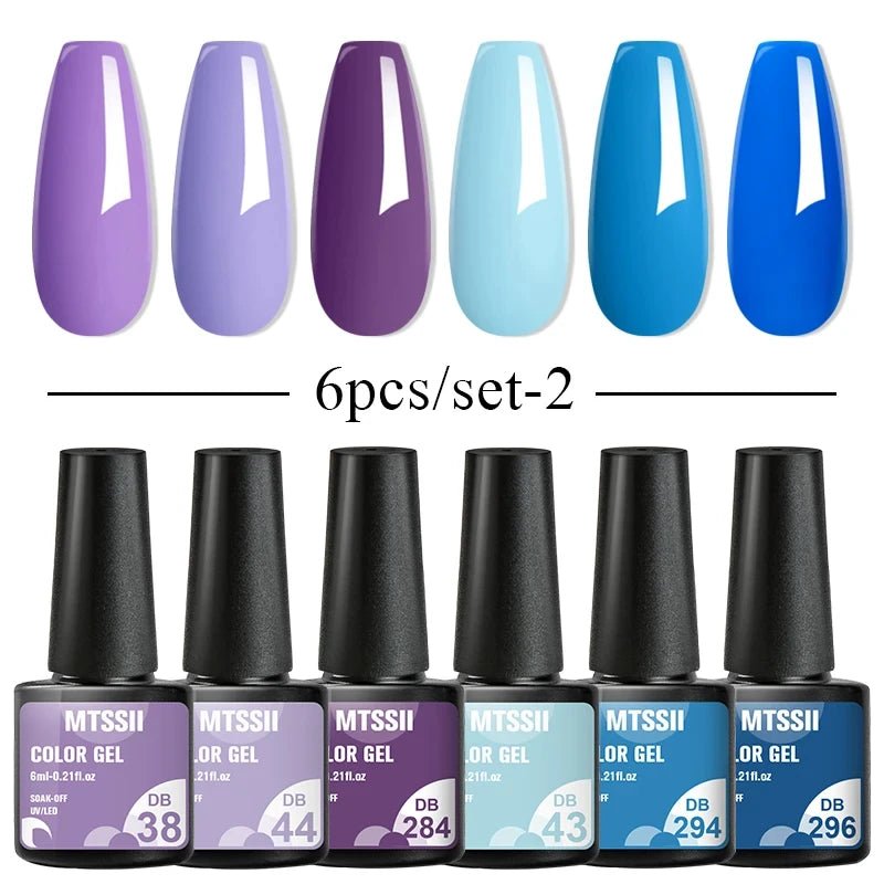 6Pcs/Set Purple Glitter Bright Gel Nail Polish Set Semi Permanent Spring Summer Colors Series Soak Off UV Nail Art Gel Varnish - Paola Center