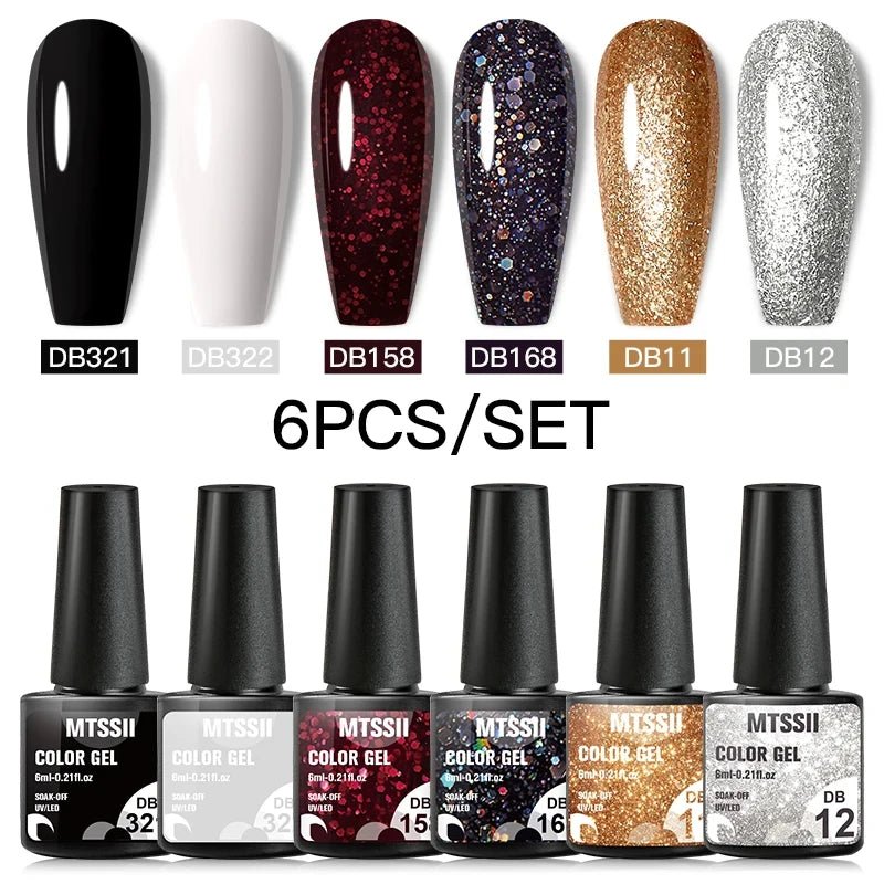 6Pcs/Set Purple Glitter Bright Gel Nail Polish Set Semi Permanent Spring Summer Colors Series Soak Off UV Nail Art Gel Varnish - Paola Center
