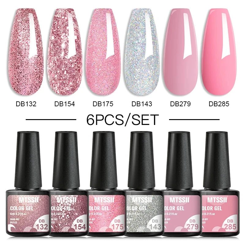 6Pcs/Set Purple Glitter Bright Gel Nail Polish Set Semi Permanent Spring Summer Colors Series Soak Off UV Nail Art Gel Varnish - Paola Center