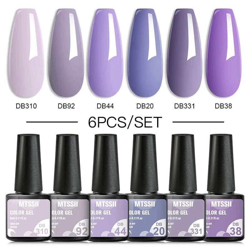 6Pcs/Set Purple Glitter Bright Gel Nail Polish Set Semi Permanent Spring Summer Colors Series Soak Off UV Nail Art Gel Varnish - Paola Center