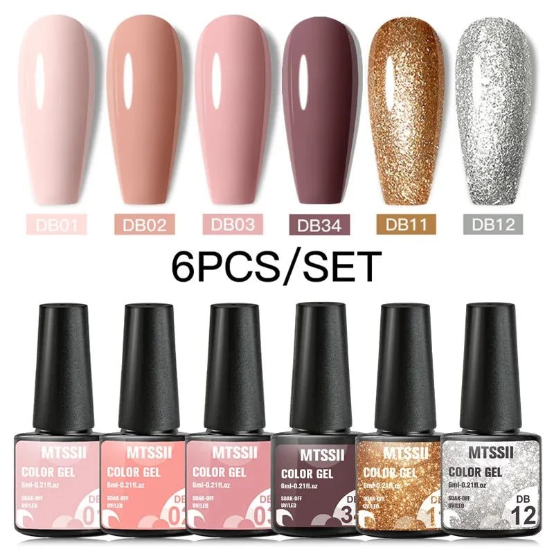 6Pcs/Set Purple Glitter Bright Gel Nail Polish Set Semi Permanent Spring Summer Colors Series Soak Off UV Nail Art Gel Varnish - Paola Center