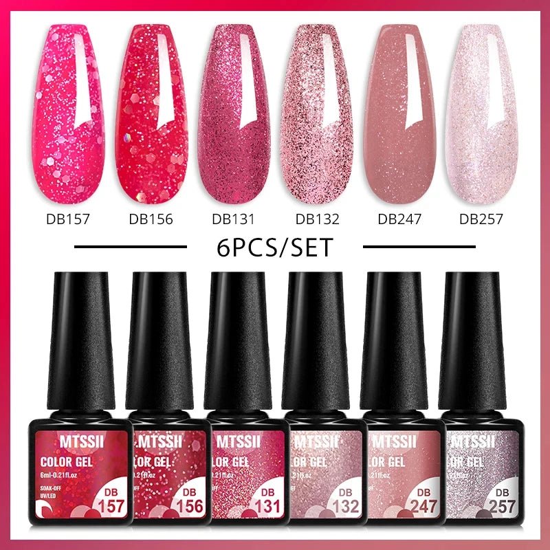 6Pcs/Set Purple Glitter Bright Gel Nail Polish Set Semi Permanent Spring Summer Colors Series Soak Off UV Nail Art Gel Varnish - Paola Center